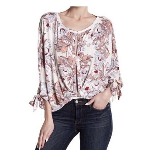 FREE PEOPLE Size M Keepin On Top Ballet Pink Floral‎ Tie Sleeve Boho Shirt - Picture 1 of 5